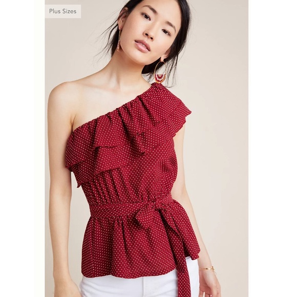 Anthropologie Tops - Anthropologie Maeve Rita Ruffled One Shoulder Red Polka Dot Top